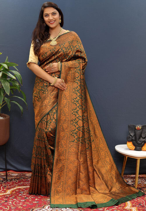 Woven Art Silk Brasso Saree in Dark Teal Green