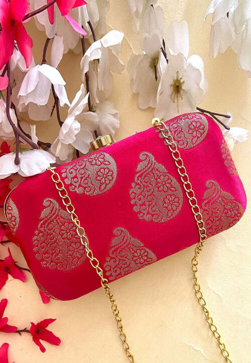Woven Art Silk Clutch Bag in Fuchsia
