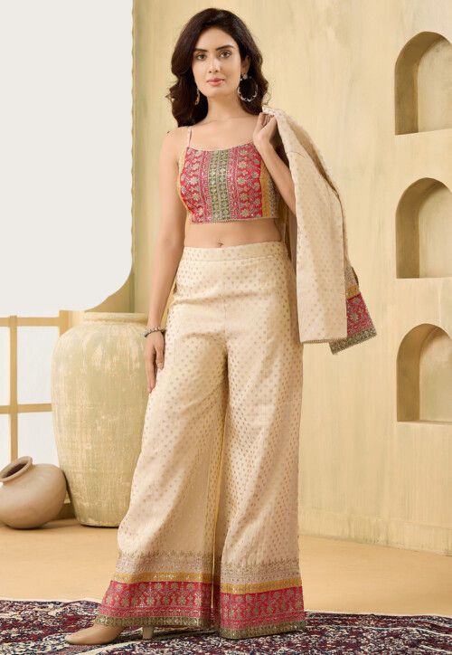 Woven Art Silk Crop Top Set in Multicolor