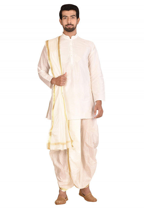 Woven Art Silk Dhoti Kurta Set in White
