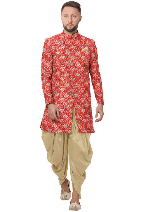 Woven Art Silk Dhoti Sherwani in Red