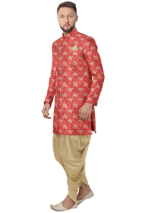 Woven Art Silk Dhoti Sherwani in Red