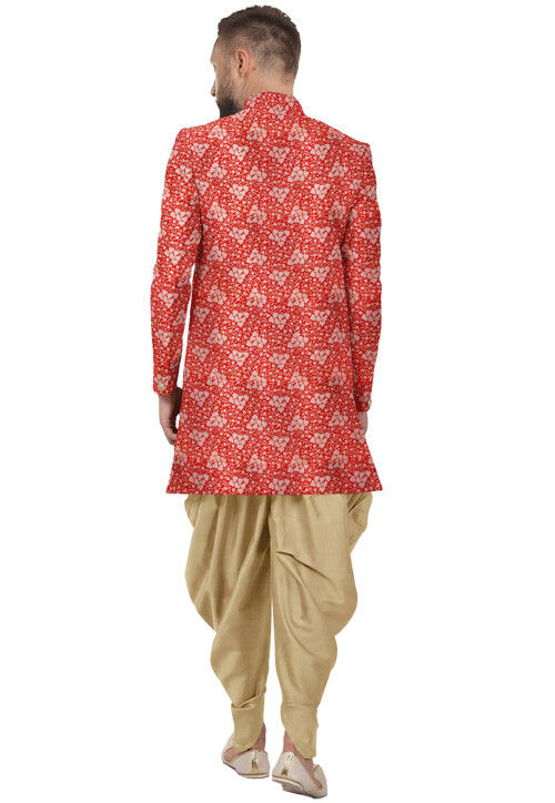 Woven Art Silk Dhoti Sherwani in Red
