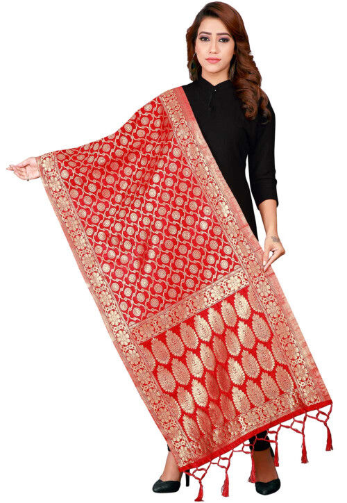 Woven Art Silk Dupatta in Red