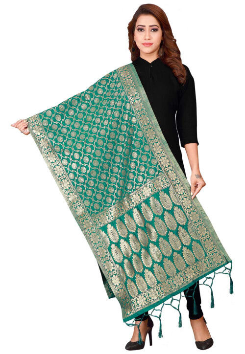 Woven Art Silk Dupatta in Teal Green
