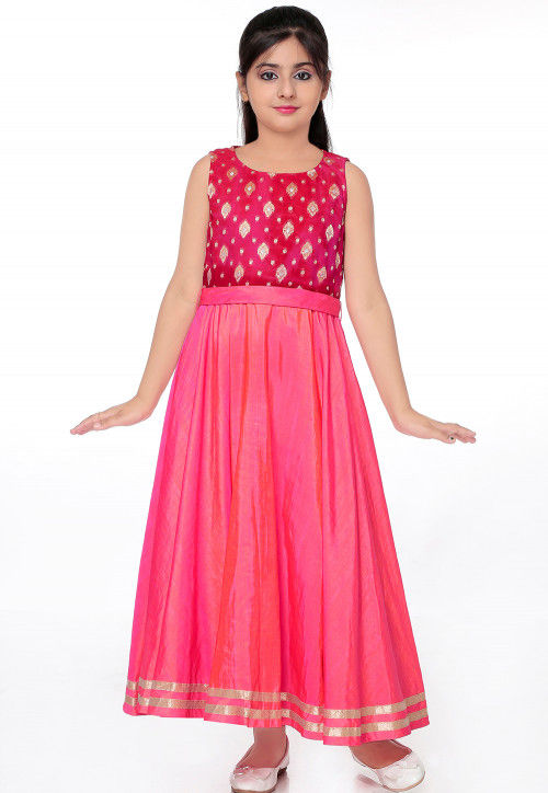 Woven Art Silk Flared Gown in Shaded Pink and Fuchsia