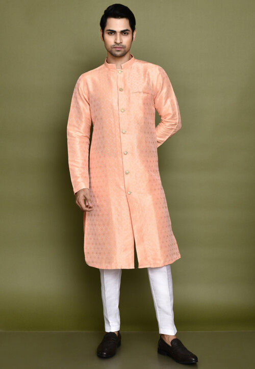 Woven Art Silk Front Open Kurta Set in Peach
