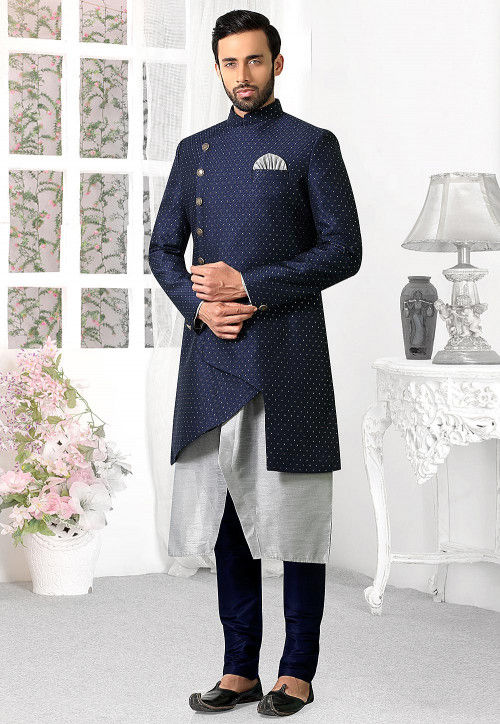 Woven Art Silk Jacket Style Sherwani in Blue and Grey : MHG1352