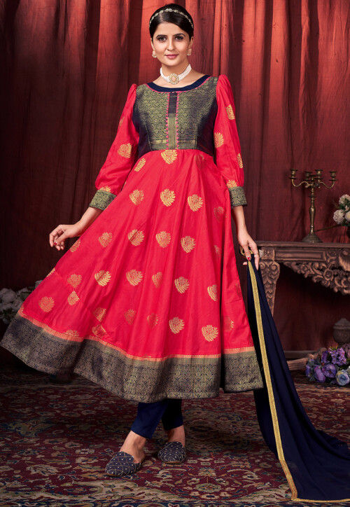 Woven Art Silk Jacquard A Line Suit in Pink