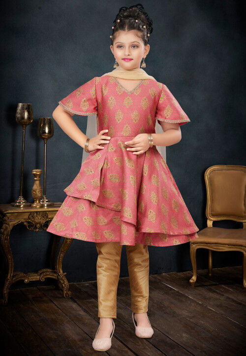 Woven Art Silk Jacquard A Line Suit in Pink