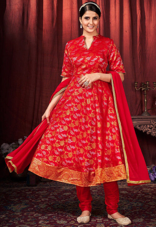 Woven Art Silk Jacquard A Line Suit in Red