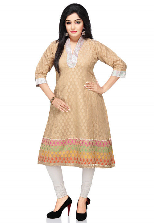 Woven Art Silk Jacquard Anarkali Kurta in Beige