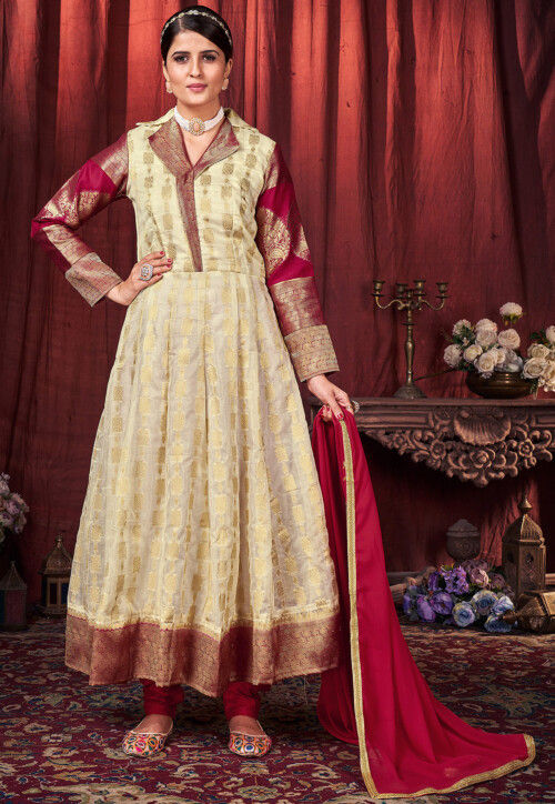 Woven Art Silk Jacquard Anarkali Suit in Cream