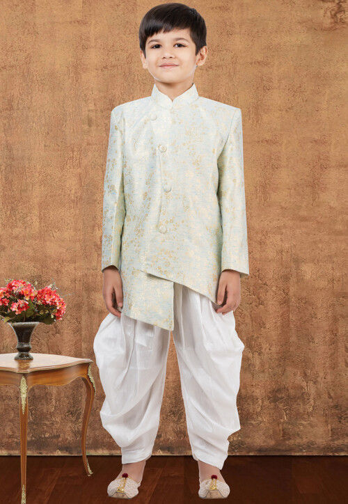 Woven Art Silk Jacquard Asymmetric Dhoti Kurta in Sky Blue