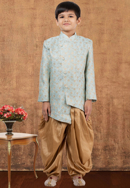 Woven Art Silk Jacquard Asymmetric Dhoti Kurta in Sky Blue