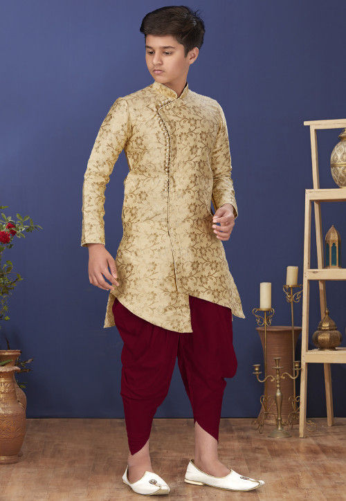 Woven Art Silk Jacquard Asymmetric Dhoti Sherwani in Beige