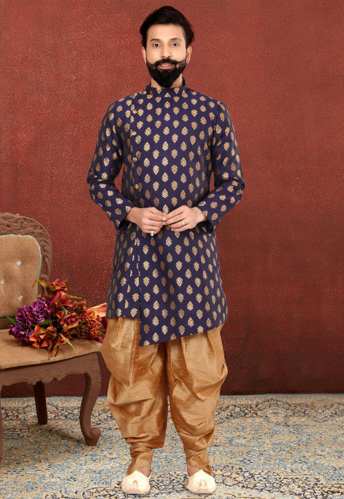 Buy Woven Art Silk Jacquard Asymmetric Dhoti Sherwani in Navy Blue ...