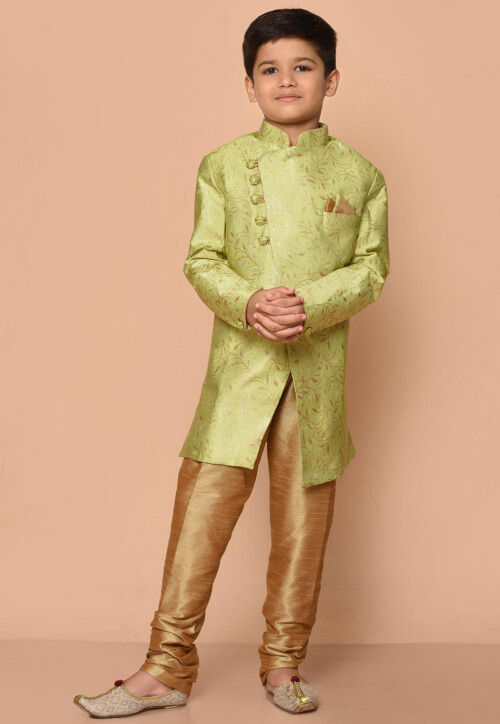Woven Art Silk Jacquard Asymmetric Kurta Set in Light Green
