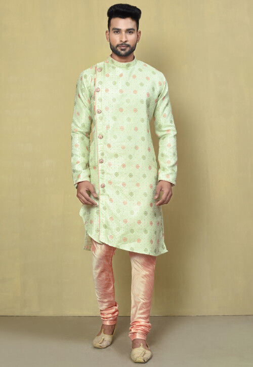 Woven Art Silk Jacquard Asymmetric Kurta Set in Pastel Green