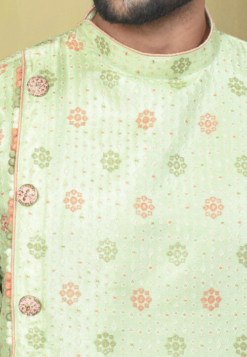 Woven Art Silk Jacquard Asymmetric Kurta Set in Pastel Green