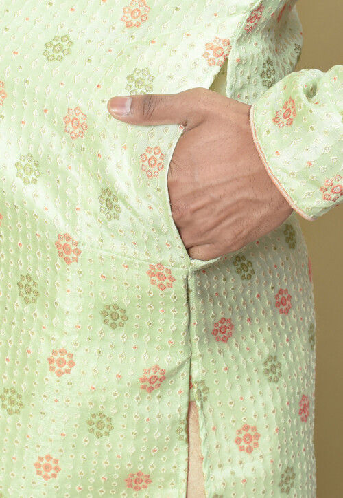 Woven Art Silk Jacquard Asymmetric Kurta Set in Pastel Green