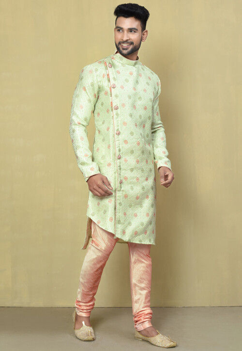 Woven Art Silk Jacquard Asymmetric Kurta Set in Pastel Green