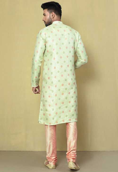 Woven Art Silk Jacquard Asymmetric Kurta Set in Pastel Green