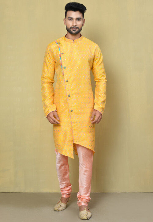 Buy Woven Art Silk Jacquard Asymmetric Kurta Set in Yellow Online