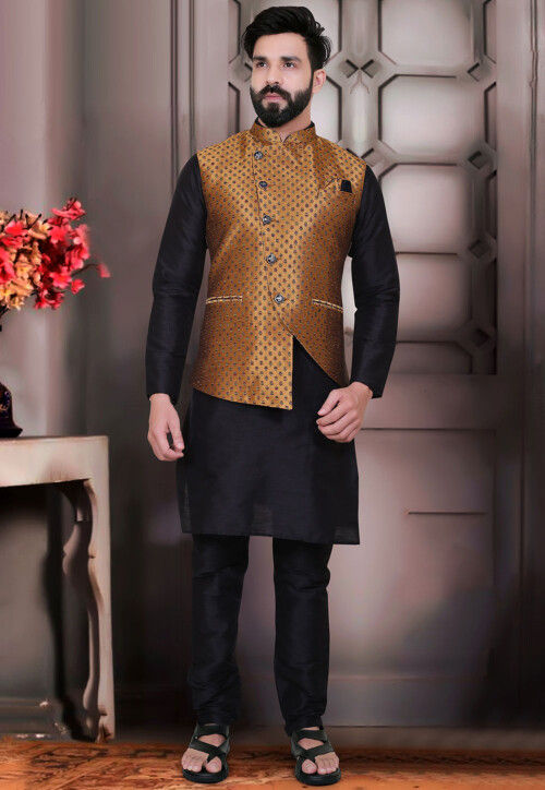 Woven Art SIlk Jacquard Asymmetric Nehru Jacket in Golden