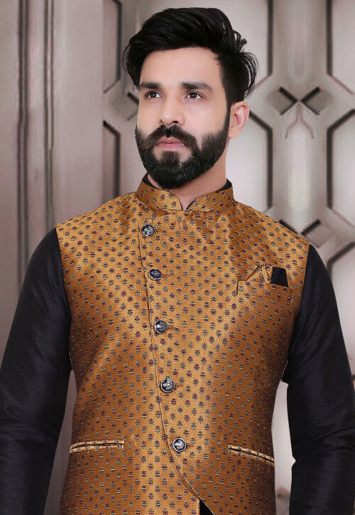 Woven Art SIlk Jacquard Asymmetric Nehru Jacket in Golden