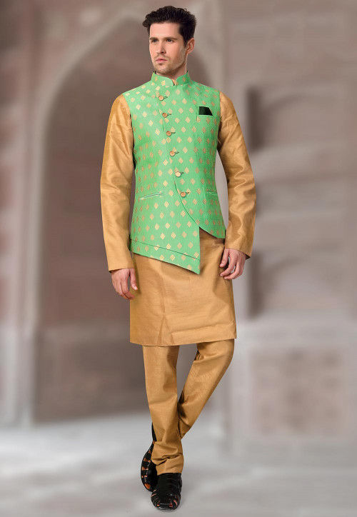 Woven Art Silk Jacquard Asymmetric Nehru Jacket in Light Green