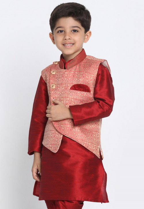 Woven Art Silk Jacquard Asymmetric Nehru Jacket in Pink