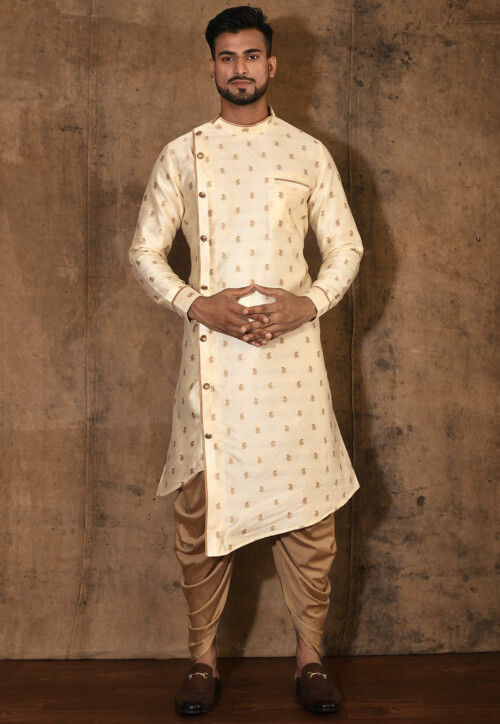 Woven Art Silk Jacquard Asymmetric Sherwani in Beige