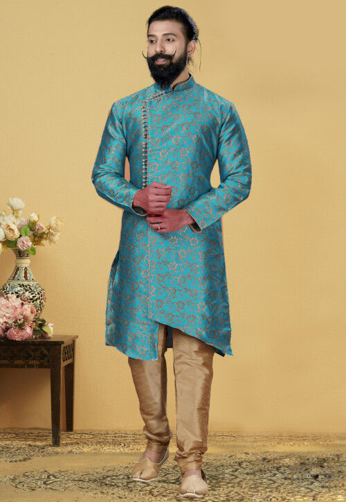 Woven Art Silk Jacquard Asymmetric Sherwani in Blue