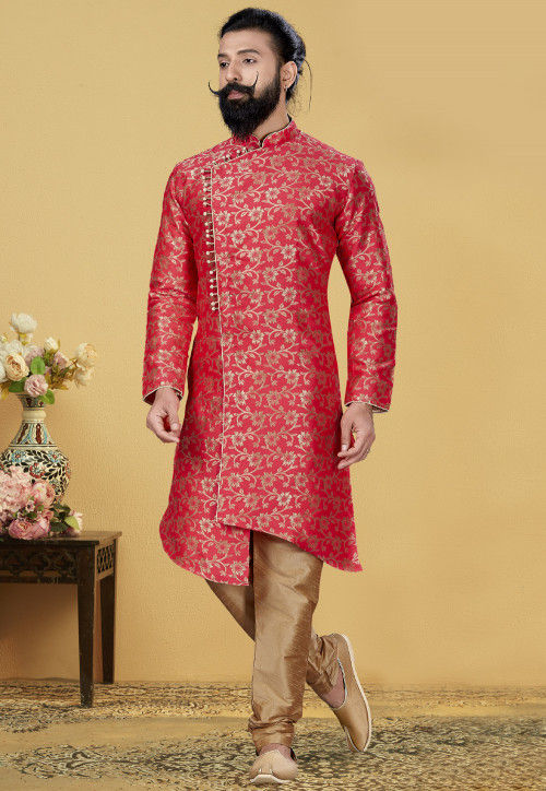 Woven Art Silk Jacquard Asymmetric Sherwani in Coral Pink