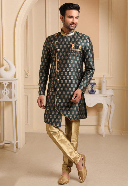 Buy Woven Art Silk Jacquard Asymmetric Sherwani in Dark Green