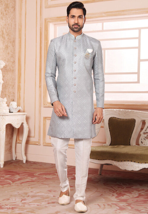 Woven Art Silk Jacquard Sherwani in Grey