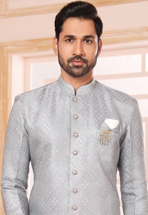 Woven Art Silk Jacquard Sherwani in Grey