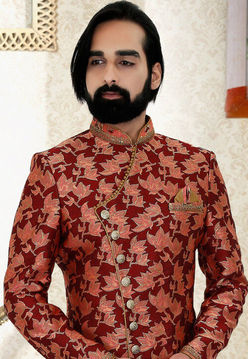 Woven Art Silk Jacquard Asymmetric Sherwani in Maroon