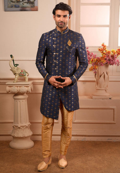 Woven Art Silk Jacquard Asymmetric Sherwani in Navy Blue MGV963