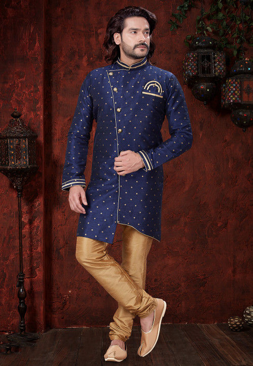 Buy Woven Art Silk Jacquard Asymmetric Sherwani in Navy Blue Online MUX377 Utsav Fashion