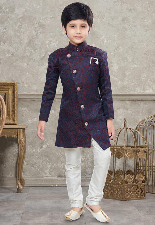 Woven Art Silk Jacquard Asymmetric Sherwani in Navy Blue