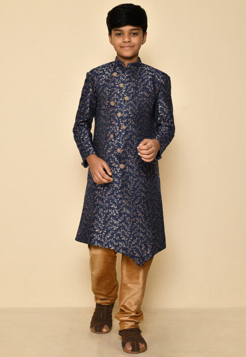 Woven Art Silk Jacquard Asymmetric Sherwani in Navy Blue