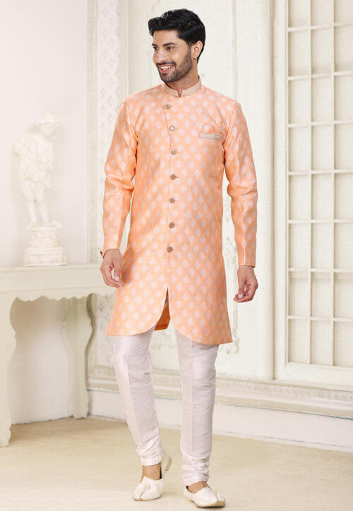 Woven Art Silk Jacquard Asymmetric Sherwani in Peach