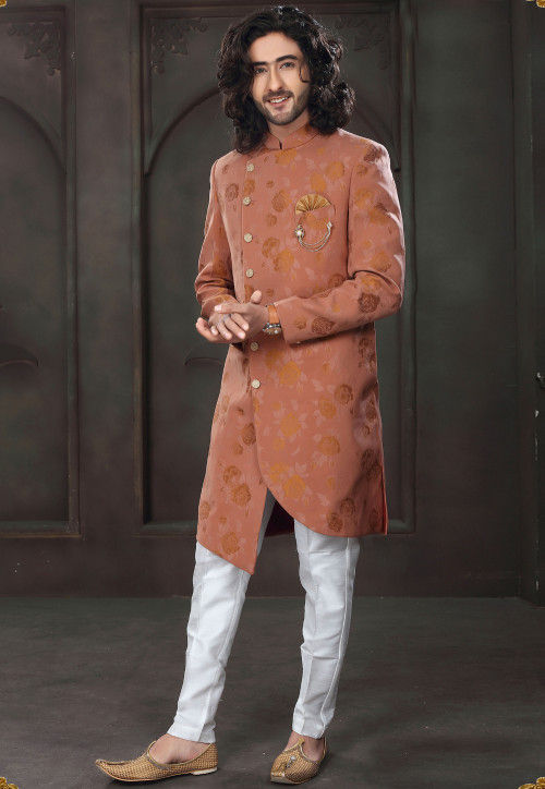 Woven Art Silk Jacquard Asymmetric Sherwani in Rust