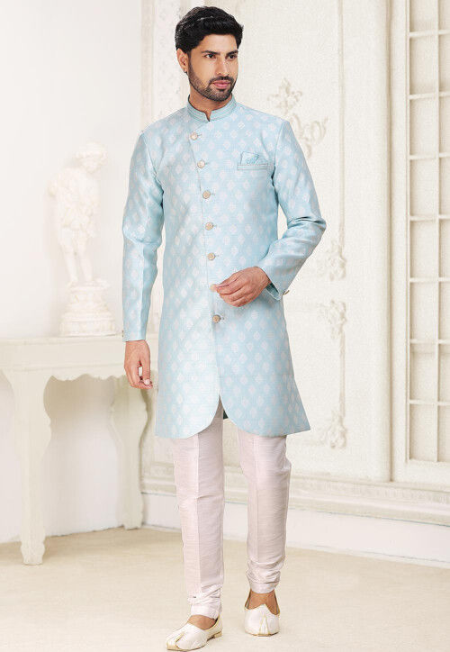 Woven Art Silk Jacquard Asymmetric Sherwani in Sky Blue