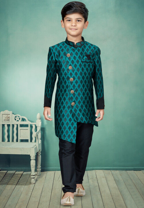 Woven Art Silk Jacquard Asymmetric Sherwani in Green and Black