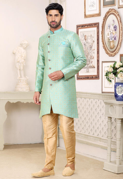 Woven Art Silk Jacquard Asymmetric Sherwani in Turquoise