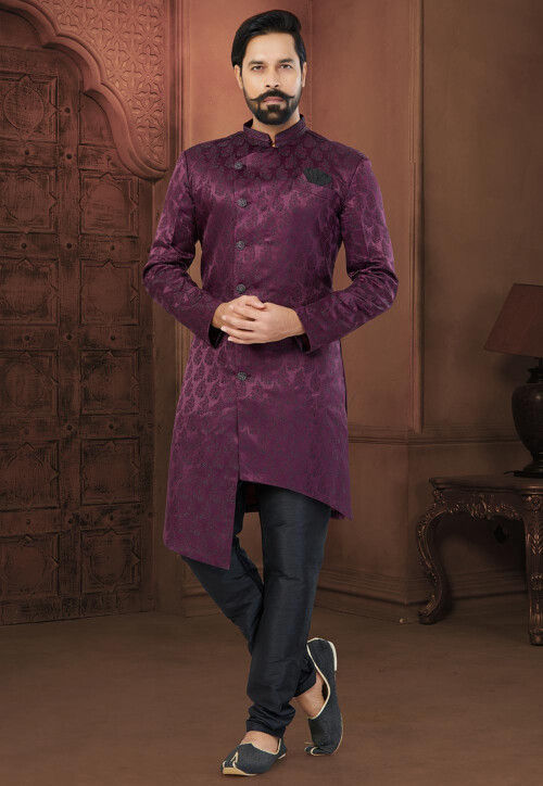 Woven Art Silk Jacquard Asymmetric Sherwani in Wine