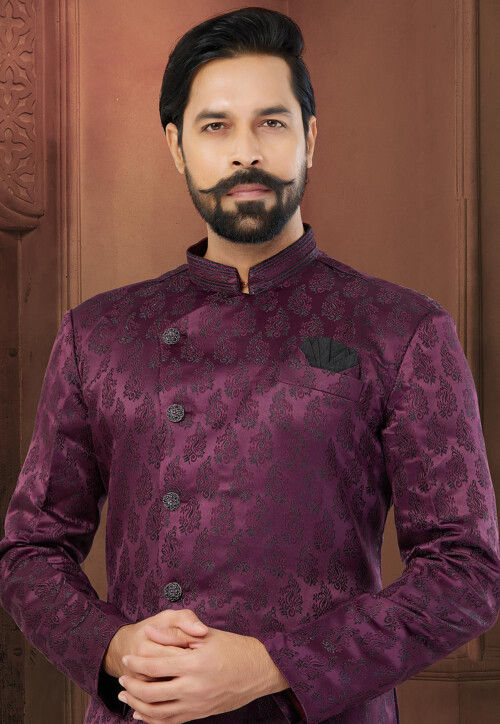 Woven Art Silk Jacquard Asymmetric Sherwani in Wine